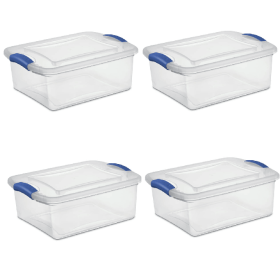 (4 pack) , 15 Quart Clear Storage Bin, Latch Box Storage Container, with Clear Lid, Blue